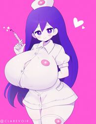 1girls alternate_breast_size arm_behind_back big_breasts blush blushing_at_viewer breasts bursting_breasts busty clarevoir enormous_breasts female female_focus female_only gloves happy heart holding holding_syringe huge_breasts legwear long_hair looking_at_viewer mari_(omori) massive_breasts mob_face needle nurse nurse_cap nurse_hat nurse_uniform omori pink_background purple_eyes purple_hair short_sleeves smile smiling smiling_at_viewer solo solo_female solo_focus straining_buttons syringe thick thick_legs thick_thighs thighhighs thighs top_heavy very_long_hair voluptuous white_gloves white_legwear zettai_ryouiki