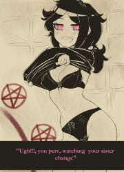 1girls 2d ashley_graves black_hair blush bra breasts brother_and_sister changing_clothes dialogue english_text implied_incest incest looking_at_viewer nico-mo panties pink_eyes ponytail siblings solo solo_female the_coffin_of_andy_and_leyley underwear undressing