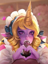 1boy 1girls blonde_hair cafe_cutie_soraka cafe_cuties_series clothed_female clothed_female_nude_male cum cum_in_mouth cum_inside cumshot dark-skinned_male ejaculation erection fellatio female female_focus heart horn league_of_legends lipstick lipstick_on_penis long_hair looking_at_viewer maid_headdress male male_pov open_mouth oral oral_sex penis pointy_ears pov pubic_hair purple_eyes realistic soraka straight yellow_!_cat