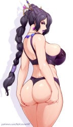 nofuture hi_res white_background final_fantasy final_fantasy_x lulu_(final_fantasy) 1girls female female_only solo rear_view looking_at_viewer looking_back looking_back_at_viewer black_hair long_hair ponytail braided_ponytail red_eyes black_eyeshadow eyelashes purple_lipstick earrings big_breasts lingerie bra panties ass thick_ass thick_thighs holding_own_ass