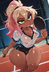 1boy ai_generated big_lips blonde_hair bulge dark-skinned_femboy dark-skinned_male dark-skinned_sissy dark-skinned_twink dark_skin femboy girly green_eyes lips long_hair multicolored_hair otoko_no_ko pink_hair pink_lipstick ponytail puffy_breasts samanta_brown serious side_story solo sweaty table_tennis table_tennis_paddle thick_lips thick_thighs trap wide_hips