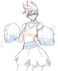 cheerleader cheerleader_uniform confused overwatch skirt tomboy tracer zeromomentai