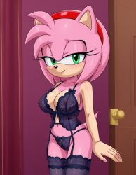 ai_generated amy_rose anthro black_bra black_garter_belt black_garter_straps black_lingerie black_thighhighs bra female garter_belt garter_straps lingerie mobian mobian_(species) mobian_hedgehog nipple_bulge nipple_outline sonic_(series) sonic_the_hedgehog_(series) thighhighs