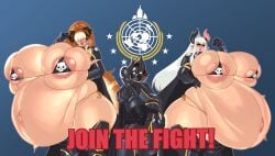 1boy 2girls animal_print areola_slip armor big_belly bikini black_armor black_cape blonde_hair blue_background blush breasts brown_hair bursting_breasts cape clothing cosplay cow_print daidaikon demon_girl dog_girl english_text fat female flamingsanity gigantic_ass gigantic_breasts gloves hair_over_eyes hair_over_one_eye hand_on_own_hip helldivers_2 horns huge_breasts hyper hyper_pregnancy inuko_jun large_areolae larger_female levi_(the_yeager) long_hair looking_at_viewer micro_bikini multiple_girls navel orange_hair original original_character pauldrons pointing pointing_at_viewer pointy_ears pregnant red_eyes shoulder_armor side-tie_bikini_bottom size_difference skindentation smaller_male smile sole_(saltyman66) standing string_bikini succubus swimsuit tail the_yeager thick_thighs thighs very_long_hair white_hair wide_hips yellow_eyes