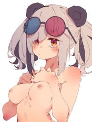 animal_ears arknights black_hair blush breast_suppress breasts commentary eyewear_on_head feater_(arknights) female grey_hair hands_on_own_chest highres long_hair looking_at_viewer medium_breasts multicolored_hair nipples nude panda_ears rasusurasu sidelocks simple_background solo sunglasses symbol-only_commentary thick_eyebrows tinted_eyewear two-tone_hair upper_body white_background yellow_eyes