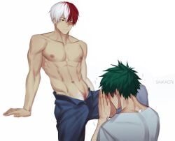 2boys abs blush boku_no_hero_academia bones_(company) freckles inminent_oral inminent_sex izuku_midoriya label messy_hair midoriya_izuku my_hero_academia no_shirt pectorals pubic_hair saika076 scar shirt shounen_jump shouto_todoroki tododeku todoroki_shoto two-tone_hair yaoi