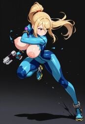 ai_generated breasts_out female female_only gun large_areolae large_breasts metroid running samus_aran zero_suit_samus