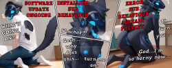 furry ai_generated protogen transformation transformation_sequence male_to_female mtf_transformation torn_clothes ripped_clothing black_body black_fur blue_eyes blue_nipples blue_pussy medium_breasts pussy blue_anus robot
