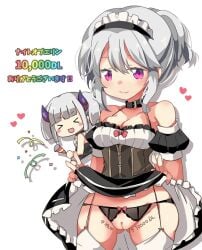 >_< 2girls :d bare_shoulders blush blush_stickers bow breasts cleavage closed_mouth clothes_lift clothing_cutout commentary_request deformed demon_horns double_v dress dress_lift erin_(knight_of_erin) grey_hair hair_between_eyes hair_bun hikaru_(sgst) horns knight_of_erin lifting_own_clothes looking_at_viewer multiple_girls off-shoulder_dress off_shoulder panties puffy_short_sleeves puffy_sleeves purple_eyes pussy pussy_cutout short_sleeves simple_background single_hair_bun smile standing thighhighs twintails underwear v white_background white_thighhighs