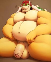 2021 absurd_res anthro ara_chibi balls belly bowser foreskin genitals hi_res humanoid_genitalia humanoid_hands humanoid_penis koopa male male_only mario_(series) moobs navel nintendo overweight overweight_male penis scalie sitting solo video_games