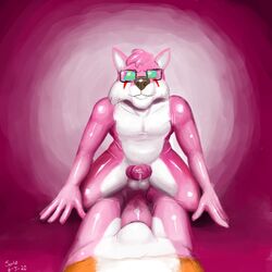 absurd_res anthro anthro_on_anthro bodily_fluids canid canine cum dated eyewear fox genital_fluids genitals glasses hi_res hypnosis kiba-kun male male/male mammal mind_control penis pink_background pink_rubber_suit simple_background suule