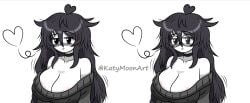 1girls artist big_breasts big_thighs black_hair blush choker cute depressed female female_only girlfriend glasses heart inviting katy_(katymoonart) katymoonart long_hair love messy_hair not_porn oc original original_character ripped_clothing sitting smile smiling smiling_at_viewer solo solo_female stockings sweater text thighhighs tired_eyes white_background white_body twitter_username twitter_link twitter_user_oc simple_background