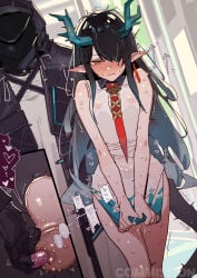 1girl 1other anal anal_object_insertion arknights black_hair blush commentary commission doctor_(arknights) dragon_girl dragon_horns dragon_tail dress dusk_(arknights) gsusart hair_over_one_eye highres horns long_hair multicolored_hair necktie object_insertion pointy_ears red_necktie sex_toy sleeveless tail