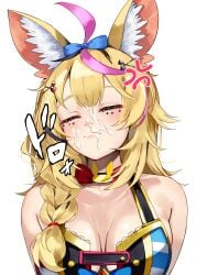 1girl absurdres animal_ear_fluff animal_ears black_streaks blonde_hair blue_bow bow braid breasts closed_eyes closed_mouth club_(shape) club_facial_mark club_hair_ornament commentary_request cum cum_on_body diamond_(shape) diamond_facial_mark diamond_hair_ornament facial facial_mark facing_viewer fox_ears fox_girl hair_bow hair_ornament heart heart_facial_mark heart_hair_ornament highres hololive large_breasts lips long_hair multicolored_hair omaru_polka omaru_polka_(1st_costume) pink_streaks simple_background single_braid smile solo spade_(shape) spade_facial_mark spade_hair_ornament star_(symbol) star_facial_mark streaked_hair tsushi upper_body virtual_youtuber white_background x_(symbol) x_facial_mark x_hair_ornament