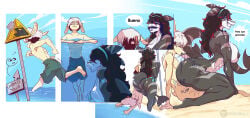 absurd_res animal_humanoid anthro aquatic aquatic_humanoid beach big_breasts bikini black_hair breasts butt camelid clothing comic digital_media_(artwork) dina_(nikfler) duo erection female female_penetrated fish fish_humanoid grey_body hair hi_res humanoid joan_(lallamitan_t) lallamitan_t llama male male/female male_penetrating male_penetrating_female mammal nude penetration sex shark simple_background smile spanish_text swimwear tail text two-piece_swimsuit vaginal white_body white_hair