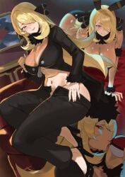 1girls big_breasts black_clothing blonde_hair breasts bunny_ears bunnysuit busty cleavage curvy cynthia_(pokemon) female female_only high_heels hirosenpai long_hair midriff multiple_poses open_clothes open_pants pokeball pokemon pokemon_dppt removing_clothing removing_pants shirona_(pokemon) solo thick_thighs unbuttoned unbuttoned_pants