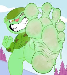 4_fingers 5_toes bcm13 big_feet big_foot feet flippy flippy_(htf) foot_fetish foot_focus furfag furry green_body green_skin happy_tree_friends hat htf hyper looking_at_viewer male mondo_media musk musky_feet sole soles sweat teeth toes tree trees