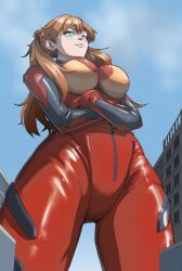 asuka_langley_sohryu neon_genesis_evangelion orange_hair orange_hair_female german german_female light_skin light-skinned_female redhead redhead_female redheaded_female breasts big_breasts boobs big_boobs clothed clothed_female 1girls red_plugsuit plugsuit plug_suit building buildings standing giantess female female_only female_focus solo solo_focus solo_female lucifer_e3