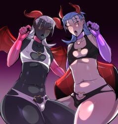 2boys 2femboys black_body blue_hair clone collarbone cosplay crossdressing cute dark-skinned_femboy dark-skinned_male dark-skinned_sissy dark-skinned_twink dark_skin demon devil femboy forked_eyebrows gay gloves gradient_background hebishiko_(nishio) hi_res jikkyou_powerful_pro_yakyuu kirito_hebishima konami long_hair looking_at_viewer male male_only mature_male narrowed_eyes navel_piercing pink_background power_pro red_eyes red_horns revealing_clothes seductive sitting skimpy small_breasts succubus succubus_horns succubus_wings thick thick_legs thick_thighs white_hair yaoi