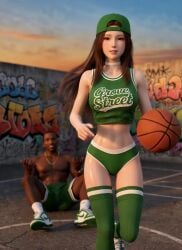 1boy1girl 1girl1boy 3d ai_art ai_generated asian_female backwards_baseball_cap backwards_cap backwards_hat basketball basketball_(ball) basketball_court basketball_jersey basketball_shorts black_male booty_shorts cap carl_johnson choker couple couple_(romantic) crossover dark-skinned_male dead_or_alive eastern_and_western_character evening fooled gangster ghetto gold_jewelry graffiti graffiti_on_wall grand_theft_auto grand_theft_auto:_san_andreas hat holding_basketball interracial jewelry kasumi_(doa) koei_tecmo kunoichi light-skinned_female long_hair los_santos muscles muscular_male ninja ninja_gaiden rockstar_games running sitting sitting_on_floor six_pack smiling smiling_at_partner socks sunset team_ninja they_playing_basketball tricked wowzerspowzers