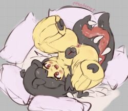 animal_genitalia animal_vulva anthro anus blush canine_genitalia canine_vulva chaosferret female generation_3_pokemon genitals hi_res looking_at_viewer mawile nintendo pillow pokemon pokemon_(species) sharp_teeth solo teeth tongue upside_down vulva yellow_body