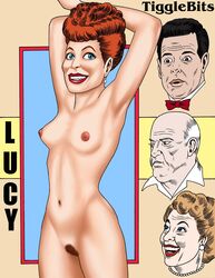 armpits arms_up blue_eyes brown_hair earrings eyelashes female_focus i_love_lucy lucy_ricardo medium_breasts nude pubic_hair short_hair toonytease