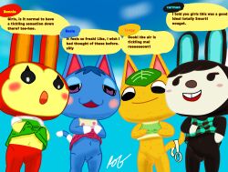animal_crossing anthro blush bottom_view bottomless bottomwear bunnie_(animal_crossing) carmen_(animal_crossing) clothed clothing clothing_lift dialogue el english_text felid feline female good_girl group hi_res lagomorph looking_down mammal nintendo no_panties outside provo provocative raised_bottomwear raised_clothing raised_skirt rob-posa rosie_(animal_crossing) skirt skirt_lift speech_bubble standing tangy_(animal_crossing) text