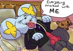 absurd_res animal_genitalia balls baz_bilby bodily_fluids clothing english_text feral generation_4_pokemon genital_fluids genitals hi_res hybrid_genitalia knot knotted_penis male nintendo peeing peeing_in_mouth peeing_on_self peeing_while_erect penile_spines penis pokemon pokemon_(species) sheath shinx solo suit tesla_(bazbilby) text urine urine_everywhere urine_on_bed urine_on_face urine_on_plushie urine_on_self urine_soaked watersports