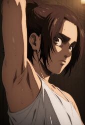 shingeki_no_kyojin attack_on_titan gabi_braun armpits armpit armpit_fetish brown_hair brown_eyes arm_up showing_armpits looking_at_viewer sweat clothed nervous young younger_female fetish ai_generated miaau