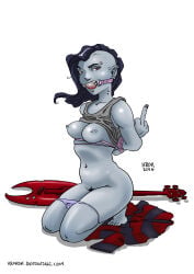 1girls 2016 adventure_time ball_gag black_hair bondage breasts female femsub gag gagged krokdk marceline medium_breasts middle_finger nipple_piercing nipples panties panties_down pubic_hair rope solo tied_up