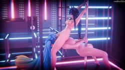 2girls 3d ahri animal_ears artist_name ass bar big_breasts blue_hair bracelet breasts cunnilingus dark_hair female female_on_female female_only fox_ears fox_girl grinding grinding_on_pole hand_on_object hand_on_pole large_ass large_breasts league_of_legends lesbian navel pole puckered_lips pussy_grinding ruadhnait3dx sex sona_(league_of_legends) sona_buvelle twintails watermark wet wet_body yuri