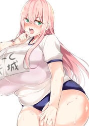 1girls big_breasts bra bra_visible_through_clothes breasts chubby chubby_female cup-chan female female_focus green_eyes gym_shorts gym_uniform kodama_amagi_(cup-chan) large_breasts long_hair looking_at_viewer pink_hair plump solo solo_female sweat sweating thick_thighs thighs white_background