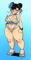 1girls anklet ass big_breasts big_thighs bikini blush bracelet breasts brown_eyes brown_hair capcom chun-li double_bun duo female flip_flops flower_in_hair hair_ribbon hands_on_hips huge_breasts human jellot light_skin looking_at_viewer nail_polish navel smile standing street_fighter street_fighter_6 suxowell thick thick_thighs thighs wide_hips