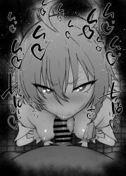 1boy 1girls :>= big_penis black_and_white blowjob blue_archive blush braid breasts censored cleaning_&_clearing_(blue_archive) dark-skinned_male dark_skin detailed_background drooling erect_nipple erect_nipples eyelashes fellatio female heart human indoor inside kurotama long_hair looking_at_viewer male male_pov millennium_science_school_student neru_(blue_archive) nipples oral oral_sex penis room saliva shiny shiny_skin sketch small_breasts sound_effects squatting sweat text tied_hair vein veins veiny veiny_penis heart-shaped_pupils ahoge