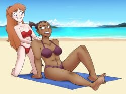 mannysdirt yu-gi-oh! yu-gi-oh!_gx anoneysnufftan beach summer sunbathing killer_lotion applying_sunscreen peril snuff imminent_death punishment murder humiliation embarrassed female female_only massage rubbing towel beach_towel 2girls sand sky ocean water tania_(yu-gi-oh) dark-skinned_female dark_skin amazon scar face_markings ponytail neon_genesis_evangelion asuka_langley_sohryu orange_hair blue_eyes long_hair sitting kneeling arm_support bikini swimsuit