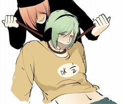 nyon_(ranfren) nyen_(ranfren) ranfren cat_ears lifted_shirt taped_mouth looking_at_viewer sweatdrop blush strangling