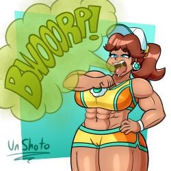 burping burp burp_cloud burp_fetish belch belching princess_daisy princess_daisy_(swimwear) mario_kart_world mario_(series) bikini sports_bra sports_bikini muscular_female abs biceps un_shoto thick_thighs