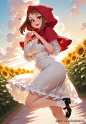 1girl 2026 :d ai_generated anime bangs black_footwear blush boku_no_hero_academia boobs breasts brown_eyes brown_hair capelet cleavage cloud cosplay covered_nipples crossover dress eye_contact female female_focus field flower flower_field flushed frills heart heart_hands highres hood hooded_capelet huge_breasts large_breasts leg_up looking_at_viewer mary_janes moaning my_hero_academia nsfw ochako_uraraka open_mouth outdoors patreon patreon_username rognezart shoes short_hair sky smile smiling socks solo standing standing_on_one_leg sunflower teeth uraraka_ochako white_dress white_socks