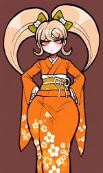 saionji_hiyoko danganronpa danganronpa_2:_goodbye_despair ai_generated blonde_hair twintails hair_ornament orange_eyes petite petite_body solo 1girl shortstack bratty hands_on_hips kimono small_breasts wide_hips thick_thighs clothed