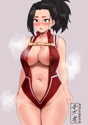 1girls big_breasts black_hair blush breasts cleavage female female_only large_breasts momo_yaoyorozu my_hero_academia navel ponytail solo sweat thick_thighs wide_hips yotahen