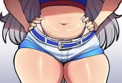 1girls 2d abs ai_generated belly blue_shorts female female_focus female_only fit flat_chest hands_on_hips hi_res hibiki120 horse_girl navel pony_girl shorts shortstack simple_background solo sweat sweaty sweaty_body tail tamamo_cross_(umamusume) thick_thighs thighs thighs_focus torso torso_shot tummy umamusume umamusume_pretty_derby white_hair wide_hips