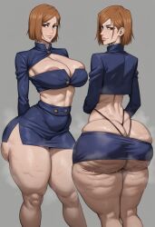 taiga20 ai_generated ass fat_ass big_ass thick_thighs thick_ass thick bubble_butt bubble_ass curvy curvaceous curvy_figure voluptuous voluptuous_female bottom_heavy 1girls female cellulite oiled oiled_skin pawg musk musk_clouds tight_fit tight_clothing areolae brown_hair big_breasts kugisaki_nobara nobara_kugisaki jujutsu_kaisen brown_eyes uniform