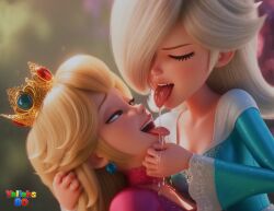 2girls ai_generated assertive assertive_female blue_dress clothed clothed_female crown edited_image illumination_entertainment incest incest_(lore) lesbian lesbian_kiss long_hair nintendo nintendo_movie pink_dress princess princess_peach princess_peach_(movie) princess_rosalina princess_rosalina_(movie) saliva sisters sisters_(lore) submissive submissive_female super_mario_galaxy_(2026_film) tongue_out yallahs80 yuri