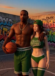1boy1girl 1girl1boy 3d ai_art ai_generated arm_around_partner arm_around_shoulder asian_female backwards_baseball_cap backwards_cap backwards_hat basketball basketball_(ball) basketball_court basketball_jersey basketball_shorts black_male booty_shorts cap carl_johnson choker couple couple_(romantic) crossover dark-skinned_male dead_or_alive eastern_and_western_character evening gangster ghetto gold_jewelry graffiti graffiti_on_wall grand_theft_auto grand_theft_auto:_san_andreas hat holding_basketball interracial jewelry kasumi_(doa) koei_tecmo kunoichi light-skinned_female long_hair los_santos muscles muscular_male ninja ninja_gaiden rockstar_games romantic_walk six_pack socks sunset team_ninja walking wowzerspowzers