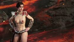 1girls 3d abs accurate_art_style aloy alternate_hair_color arms_on_waist bare_breasts bare_nipples bare_pussy beta_(horizon_forbidden_west) breasts brunette brunette_female eyeliner eyeshadow female female_only game_screenshot green_eyes horizon_forbidden_west horizon_zero_dawn lava lipstick medium_breasts nude_female nude_mod official_style orange_hair outdoors outside pauldrons pussy red_hair short_hair skinny smiling standing toned toned_female tribal_clothing trimmed_pubic_hair volcano