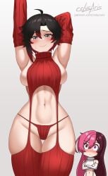 2girls white_background cslucaris rwby viz_media virgin_destroyer_sweater big_breasts ruby_rose neopolitan_(rwby) red_sweater arms_up hands_behind_head leggings embarrassed embarrassed_expression