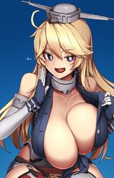 16.6_(artist) 1girls american_flag_bikini american_flag_legwear asymmetrical_legwear bangs bare_shoulders belt_buckle blonde_eyebrows blonde_hair blue_background blue_eyes breasts breasts_out buckle bursting_breasts busty cleavage close-up clothes_pull collarbone curvy elbow_gloves enormous_breasts eyebrows_visible_through_hair facing_viewer female female_focus female_only fingerless_gloves flag_print flirting flirting_with_viewer front-tie_top garter_straps gloves hair_between_eyes headgear heart hi_res high_resolution highres huge_breasts iowa_(kantai_collection) kantai_collection long_hair looking_at_viewer makino_momiji_(artist) massive_breasts microskirt miniskirt mismatched_legwear naughty naughty_face naughty_smile neck_guard no_bra open_mouth plain_background shirt_pull simple_background skirt sleeveless sleeveless_shirt smile solo solo_female star-shaped_pupils star_(symbol) striped striped_legwear striped_skirt symbol-shaped_pupils thick_thighs thighhighs thighs unbuttoned unbuttoned_shirt up_close upper_body vertical-striped_legwear vertical-striped_skirt vertical_stripes voluptuous xyv_1