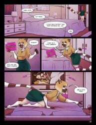 2018 all_fours anthro bangs bed bent_over biped blonde_hair bob_cut bodily_fluids bottomwear brown_body brown_fur clothing comic container controller cup dialogue digital_drawing_(artwork) digital_media_(artwork) drinking_glass duo electronics english_text erection female female_anthro front_view fur furniture genitals glass glass_container glass_cup green_bottomwear green_clothing green_skirt hair hi_res holding_controller holding_object holding_remote_control inside jewelry kaylii kit_(kaylii) lemur licking male male/female mammal markings multicolored_body multicolored_fur necklace on_bed open_mouth oral page_number pendant penile penis penis_lick pornography primate rear_view remote_control ring-tailed_lemur saliva saliva_on_penis sex skirt snout solo speech_bubble standing strepsirrhine striped_markings striped_tail stripes tail tail_markings television text tongue tongue_out two_tone_body two_tone_fur white_body white_fur wine_glass