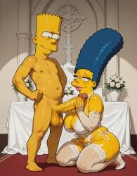 ai_generated highres 20th_century_studios the_simpsons marge_simpson bart_simpson 1girls 1boy duo male/female mature_female milf teenager age_difference older_female younger_male yellow_skin blue_hair black_eyes pink_lipstick choker wedding_lingerie skindentation bridal_gauntlets thighhighs stockings lace_trim high_heels huge_breasts breasts cleavage navel plump wide_hips thick_thighs penis_worship huge_cock huge_penis big_balls testicles naked_male hands_on_hips smirk looking_down looking_up looking_at_partner hand_on_penis vein mascara seductive mother_and_son incest wedding standing kneeling bra panties lingerie barefoot church church_interior straight