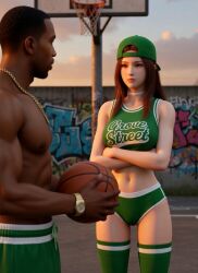 1boy1girl 1girl1boy 3d ai_art ai_generated angry angry_at_partner angry_expression angry_face arms_crossed asian_female backwards_baseball_cap backwards_cap backwards_hat basketball basketball_(ball) basketball_court basketball_hoop basketball_jersey basketball_shorts black_male booty_shorts cap carl_johnson choker couple couple_(romantic) crossover dark-skinned_male dead_or_alive eastern_and_western_character evening gangster ghetto gold_jewelry graffiti graffiti_on_wall grand_theft_auto grand_theft_auto:_san_andreas hat holding_basketball interracial jewelry kasumi_(doa) koei_tecmo kunoichi light-skinned_female long_hair looking_at_another looking_at_partner los_santos muscles muscular_male ninja ninja_gaiden rockstar_games six_pack socks sunset team_ninja wowzerspowzers